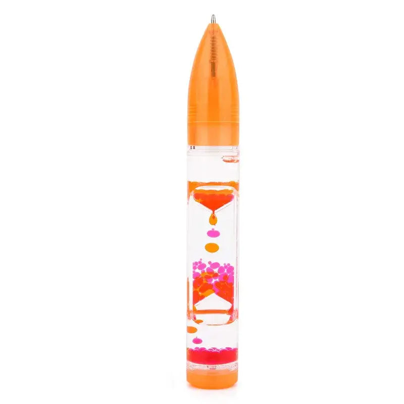 Orange-tipped liquid hourglass pen with colorful layered liquids and floating beads for office and bedroom decor