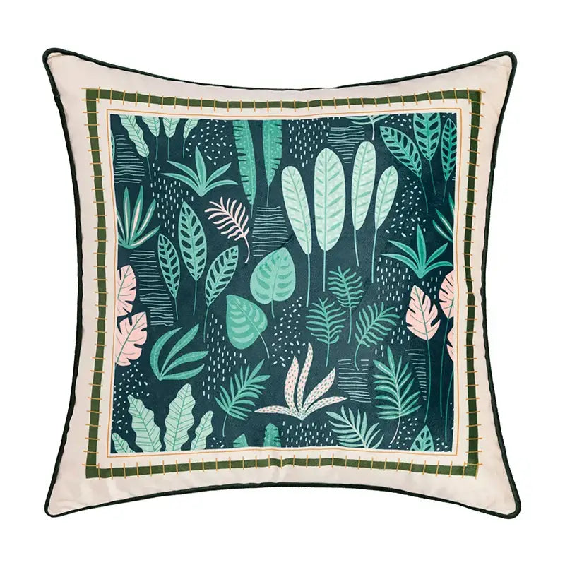 Square velvet cushion cover with vibrant leaves moss printed tropical pattern in teal green pink for living room decor