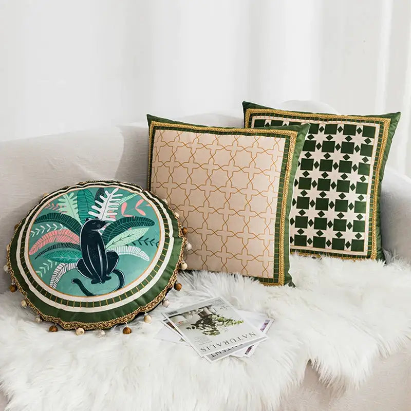 Round embroidered velvet cushion cover with green leaves moss and black cat on teal background for living room decor
