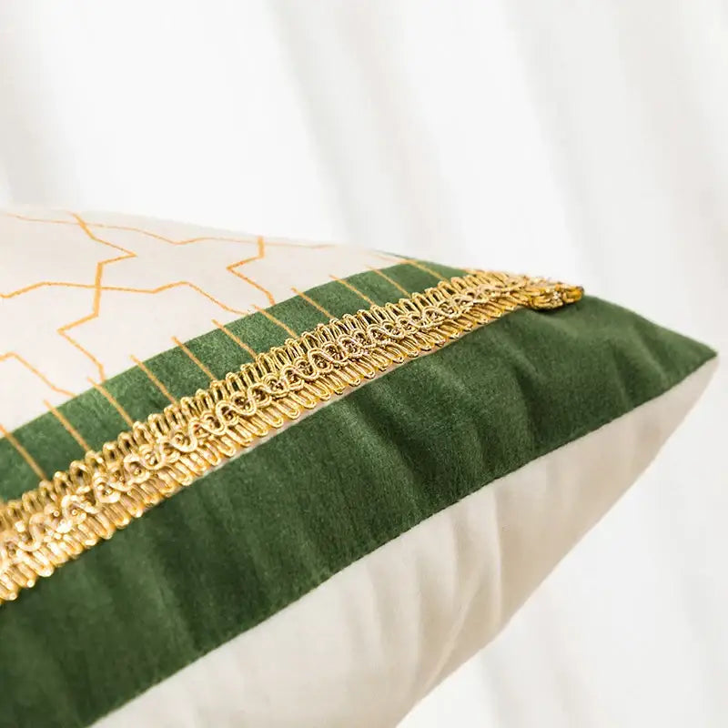 Green velvet cushion cover with gold embroidered trim and orange geometric patterns for leaves moss printed decor