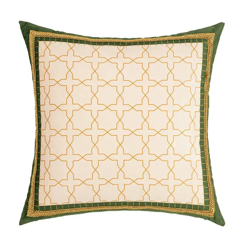 Square cream fabric cushion cover with embroidered gold geometric pattern and green leaves moss velvet border for decor