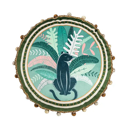 Green leaves moss printed velvet cushion cover with black panther and tropical foliage in teal and pink for living room decor