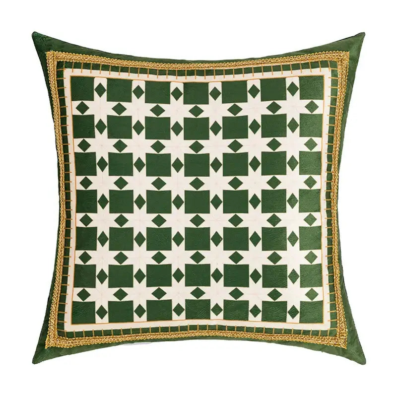 Square green and white quilted velvet cushion cover with gold-trimmed edges and green leaves moss print for living room decor