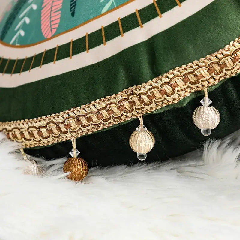Green leaves moss printed velvet cushion cover with gold-toned braided trim tassels and clear crystal beads
