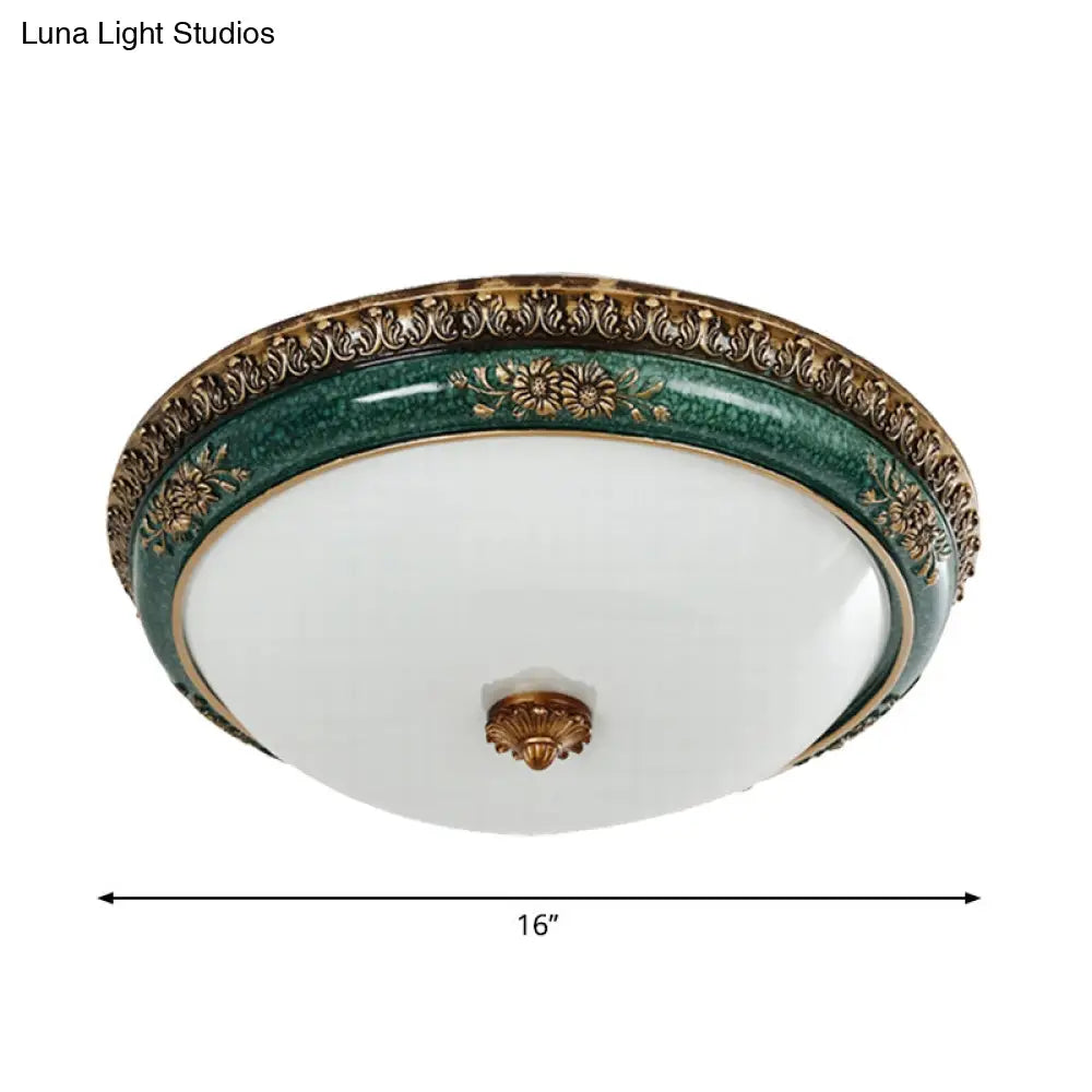 DecorBites™ DecorBites™ Green LED Flush Ceiling Light Fixture with Retro Opal Glass Bowl - Ideal for Bedroom - Sizes: 14"/16"/19.5" W