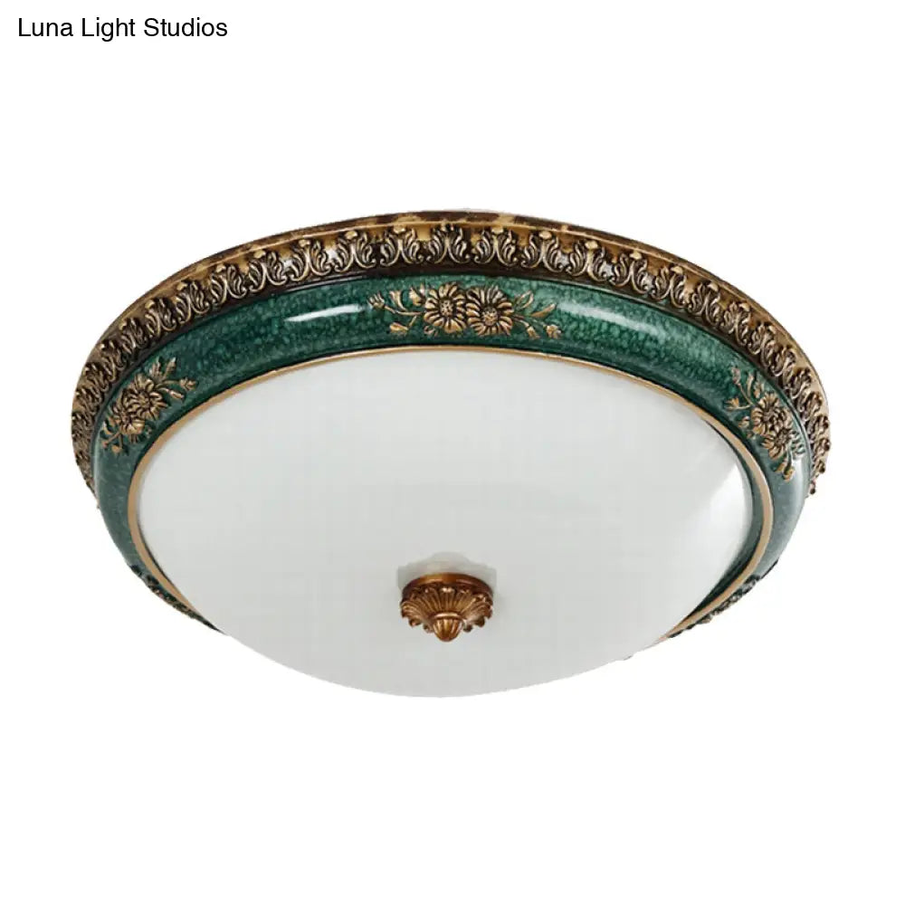 DecorBites™ DecorBites™ Green LED Flush Ceiling Light Fixture with Retro Opal Glass Bowl - Ideal for Bedroom - Sizes: 14"/16"/19.5" W