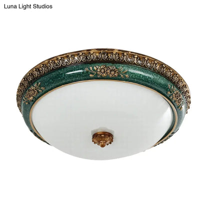 DecorBites™ DecorBites™ Green LED Flush Ceiling Light Fixture with Retro Opal Glass Bowl - Ideal for Bedroom - Sizes: 14"/16"/19.5" W