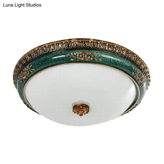 DecorBites™ DecorBites™ Green LED Flush Ceiling Light Fixture with Retro Opal Glass Bowl - Ideal for Bedroom - Sizes: 14"/16"/19.5" W