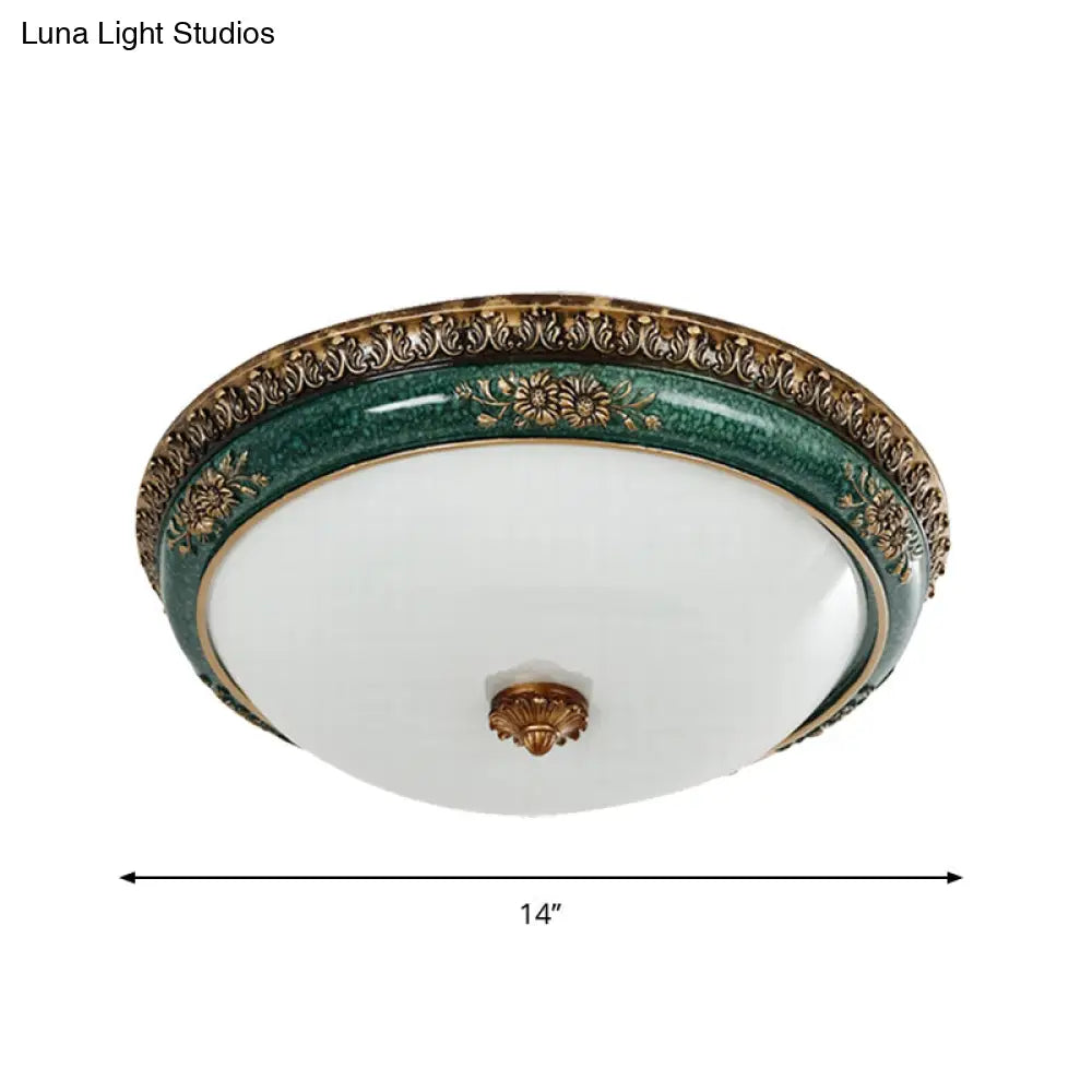 DecorBites™ DecorBites™ Green LED Flush Ceiling Light Fixture with Retro Opal Glass Bowl - Ideal for Bedroom - Sizes: 14"/16"/19.5" W
