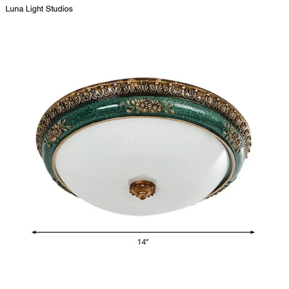 DecorBites™ DecorBites™ Green LED Flush Ceiling Light Fixture with Retro Opal Glass Bowl - Ideal for Bedroom - Sizes: 14"/16"/19.5" W