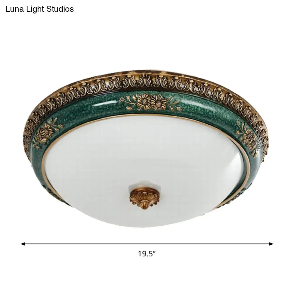 DecorBites™ DecorBites™ Green LED Flush Ceiling Light Fixture with Retro Opal Glass Bowl - Ideal for Bedroom - Sizes: 14"/16"/19.5" W