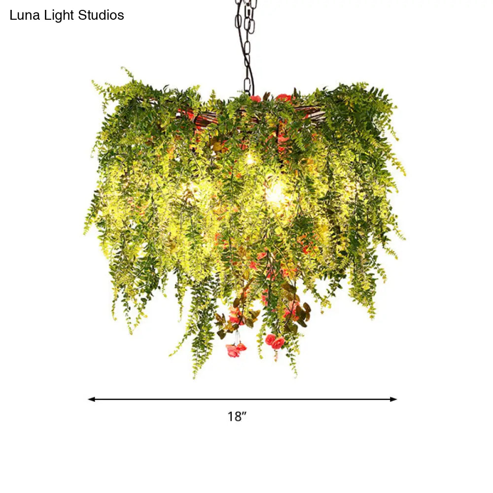 Green LED Industrial Metal Chandelier with Plant Decoration - 18"/23.5"/31.5" Wide
