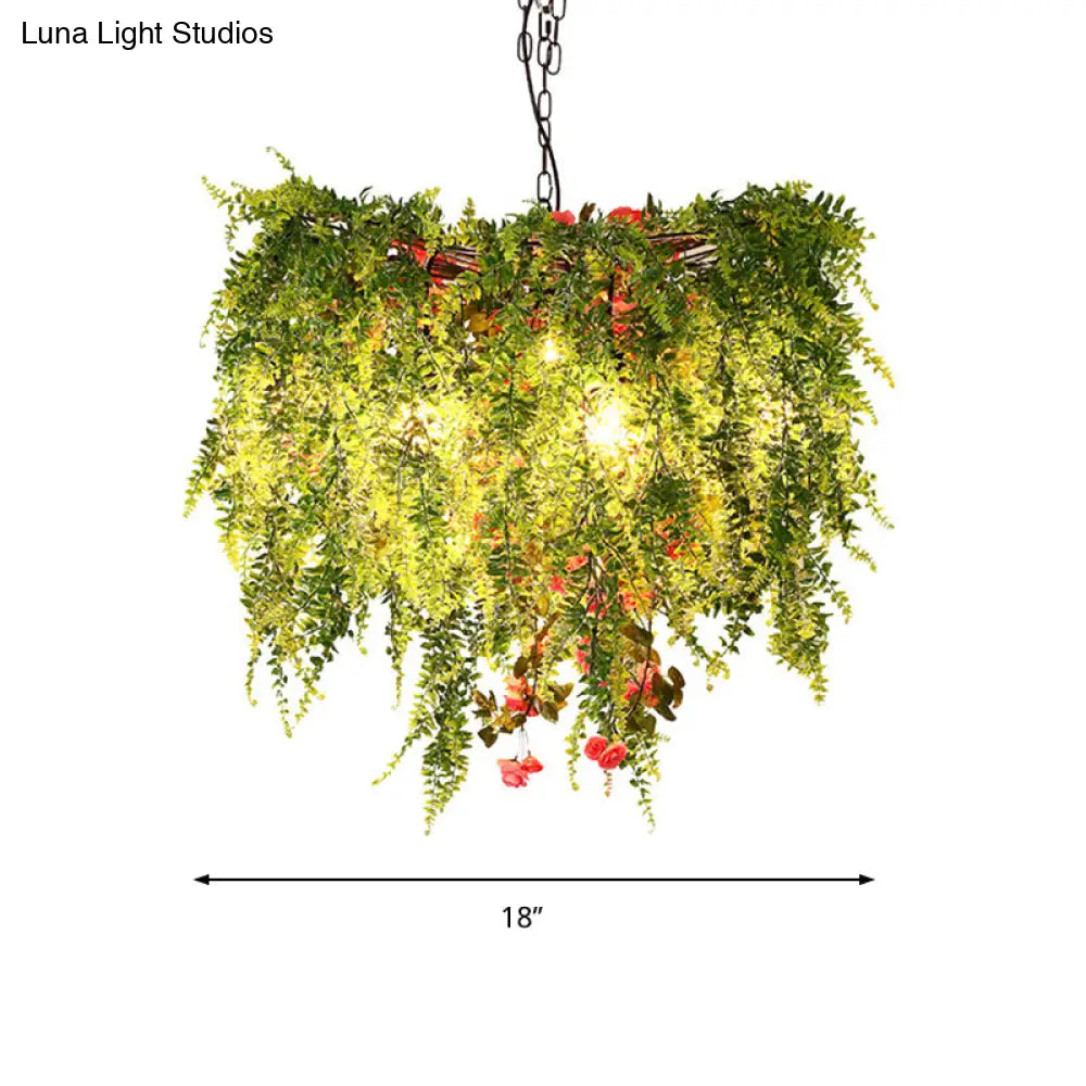Green LED Industrial Metal Chandelier with Plant Decoration - 18"/23.5"/31.5" Wide