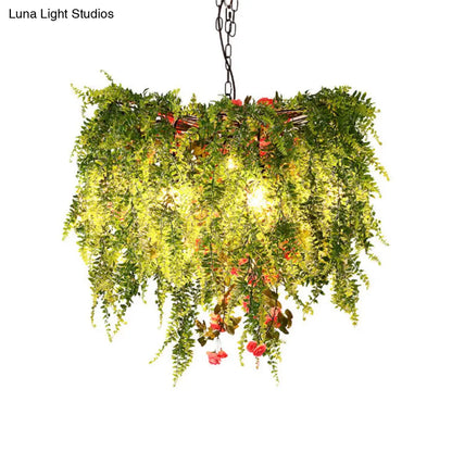 Green LED Industrial Metal Chandelier with Plant Decoration - 18"/23.5"/31.5" Wide