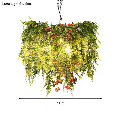 Green LED Industrial Metal Chandelier with Plant Decoration - 18"/23.5"/31.5" Wide
