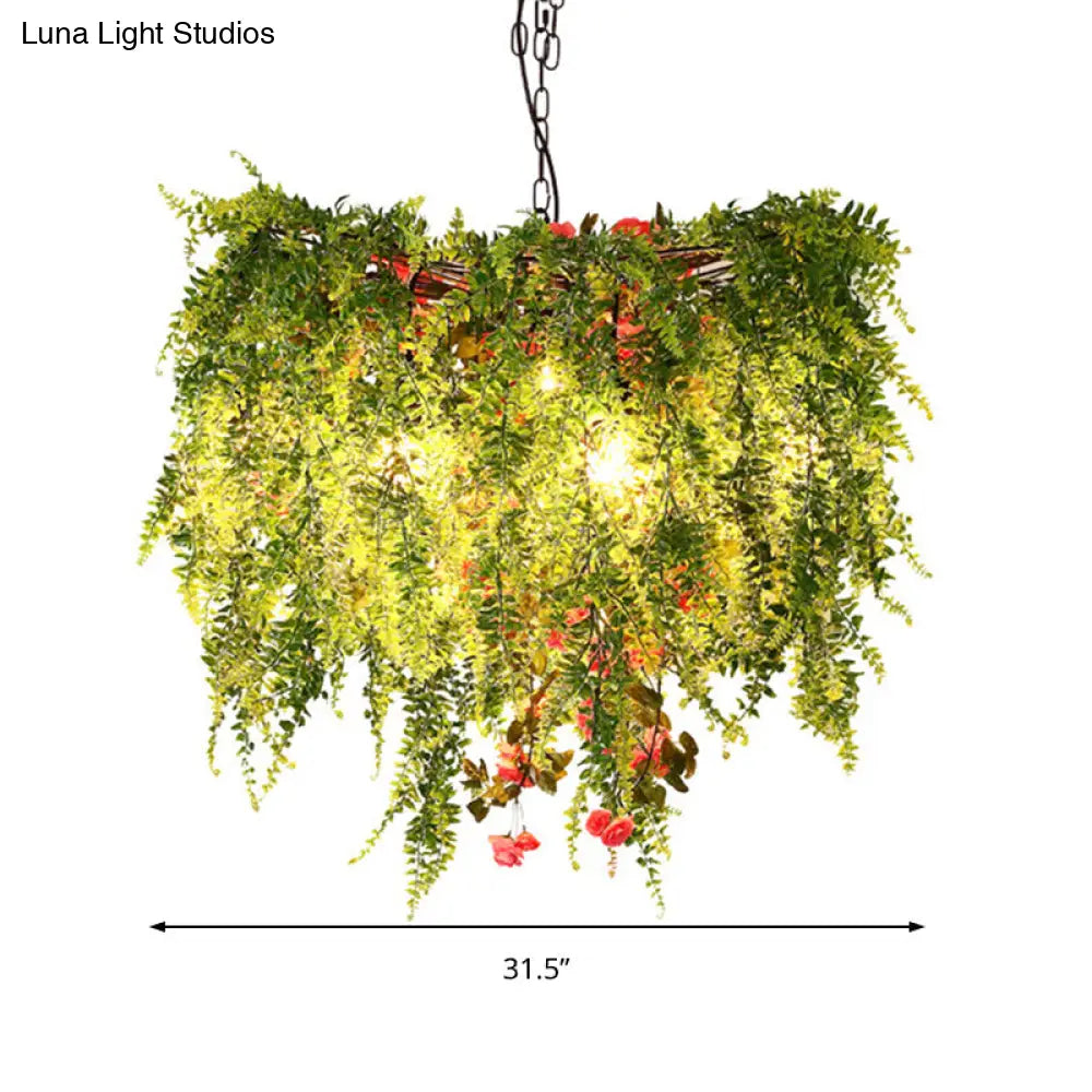 Green LED Industrial Metal Chandelier with Plant Decoration - 18"/23.5"/31.5" Wide