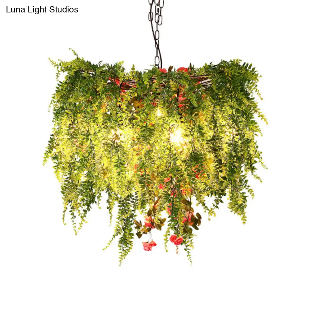 Green LED Industrial Metal Chandelier with Plant Decoration - 18"/23.5"/31.5" Wide