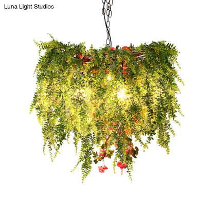 Green LED Industrial Metal Chandelier with Plant Decoration - 18"/23.5"/31.5" Wide