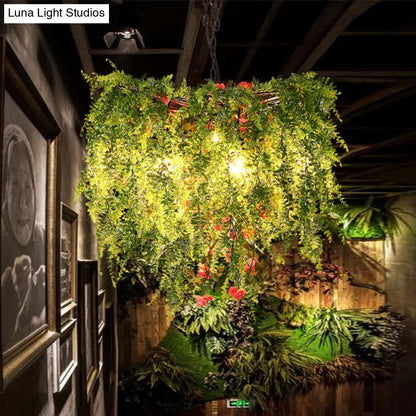 Green LED Industrial Metal Chandelier with Plant Decoration - 18"/23.5"/31.5" Wide
