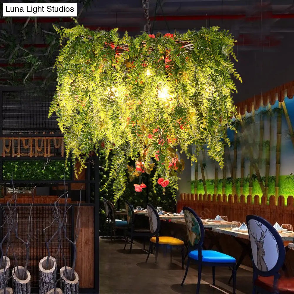 Green LED Industrial Metal Chandelier with Plant Decoration - 18"/23.5"/31.5" Wide
