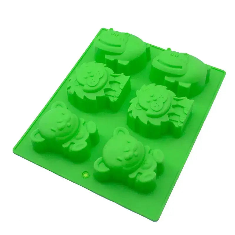 Bright green silicone decorbites lion hippo cake mold with six animal shapes for baking and cake decorbites lion hippo tray
