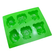 Bright green silicone lion hippo cake mold featuring six animal shapes including bears with game controller details