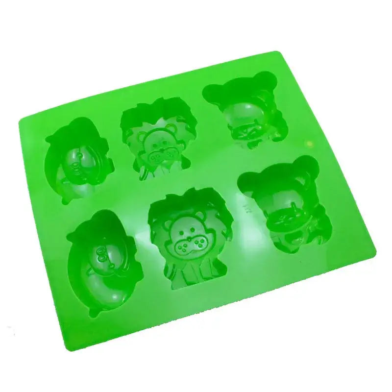 Bright green silicone lion hippo cake mold featuring six animal shapes including bears with game controller details