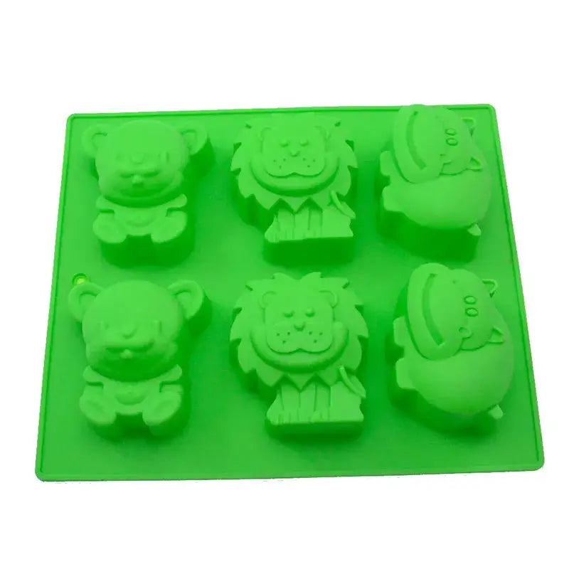 Bright green silicone cake mold with six animal shapes including decorbites lion hippo for lion hippo cake designs