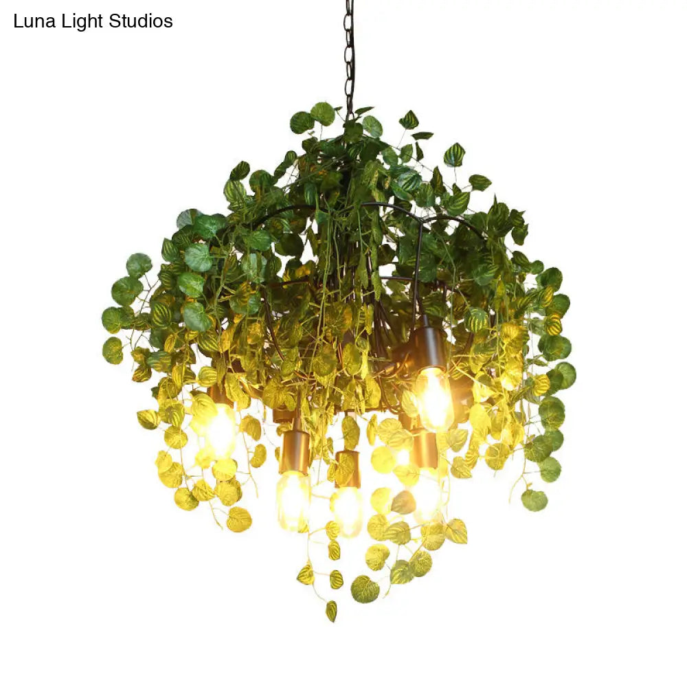 Green Loft Iron 6-Head Exposed Bulb Chandelier with Plant Decor for Restaurant Ceiling Pendant