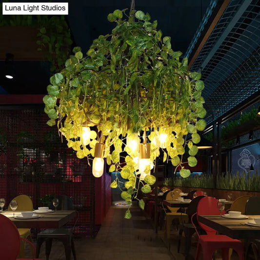 Green Loft Iron 6-Head Exposed Bulb Chandelier with Plant Decor for Restaurant Ceiling Pendant