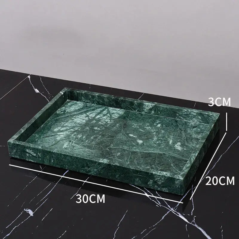 Rectangular green marble bathroom tray with glossy finish and natural veining 30cm by 20cm from marble bathroom set