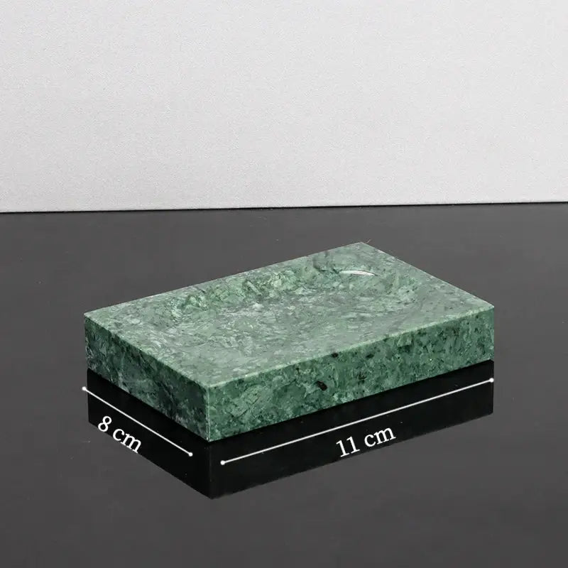 Rectangular green marble soap dish with textured speckled surface and polished edges from marble bathroom set