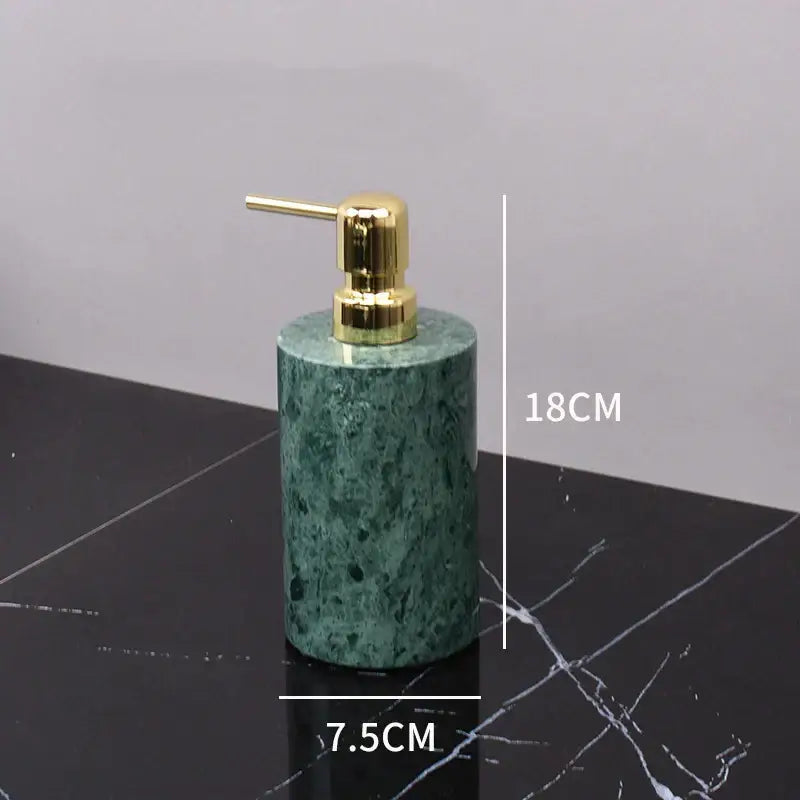 Green marble soap dispenser with gold-tone pump from marble bathroom set with gold accents for green marble bathroom