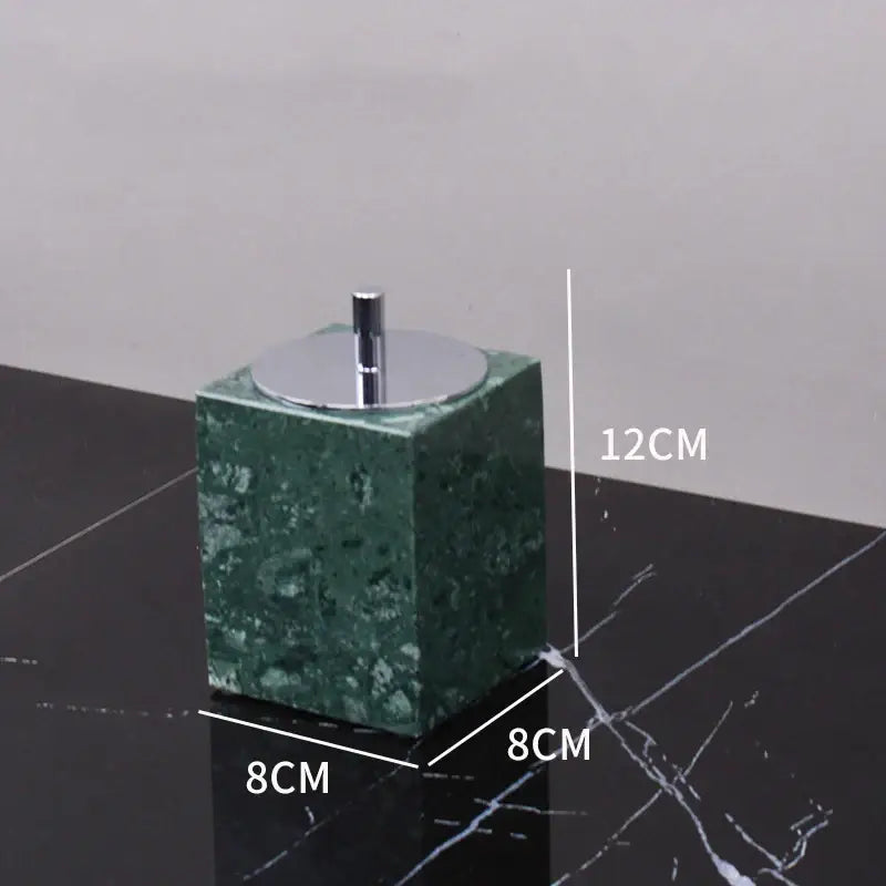Green marble bathroom square toothbrush holder with polished chrome lid part of marble bathroom set with gold accents