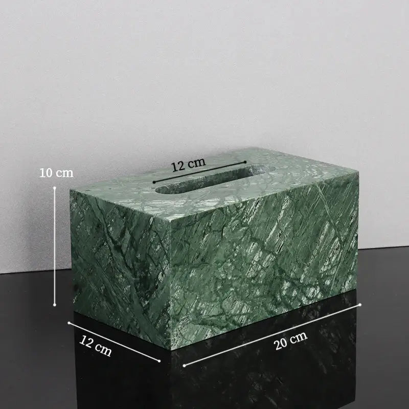 Green marble tissue box with rectangular shape and natural stone texture in green marble bathroom set with gold accents