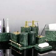 Green marble bathroom set featuring gold-tone metal accents for elegant marble bathroom accessory use