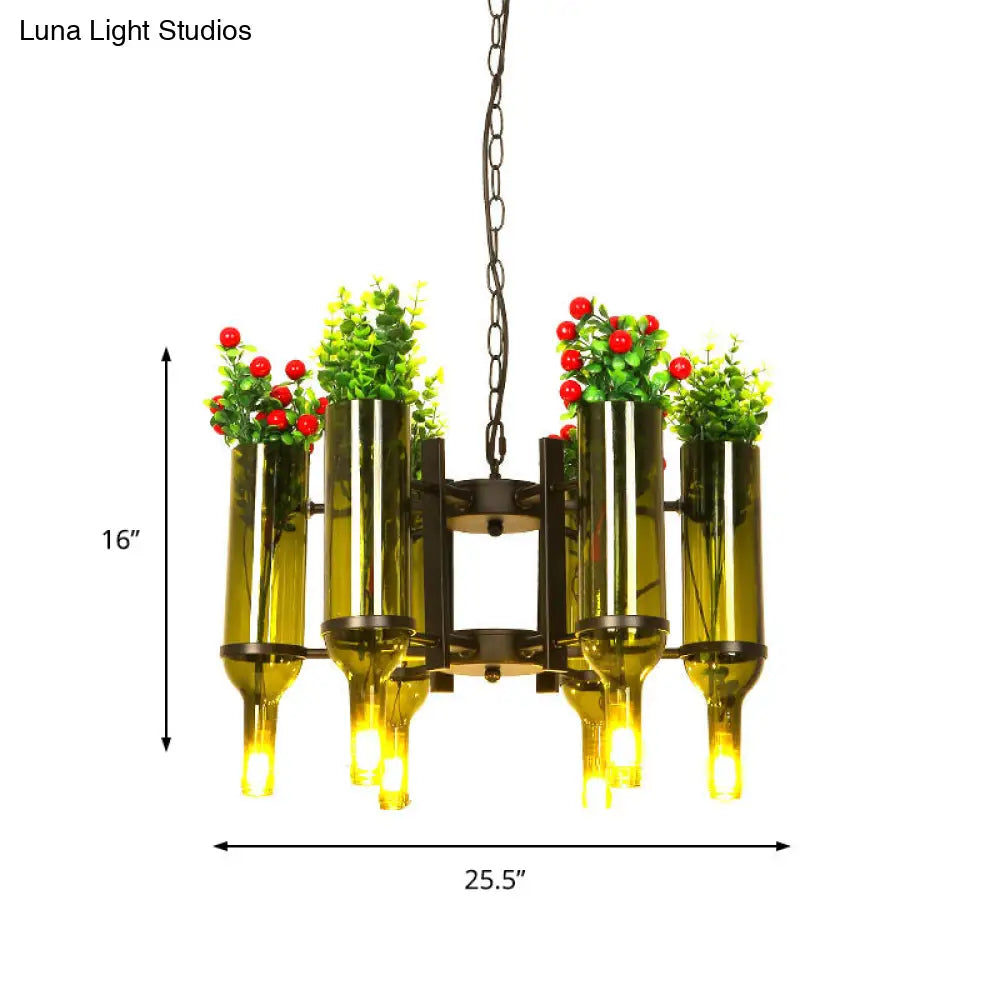 Green Metal 6-Head Industrial Chandelier Pendant Light with Plant Design