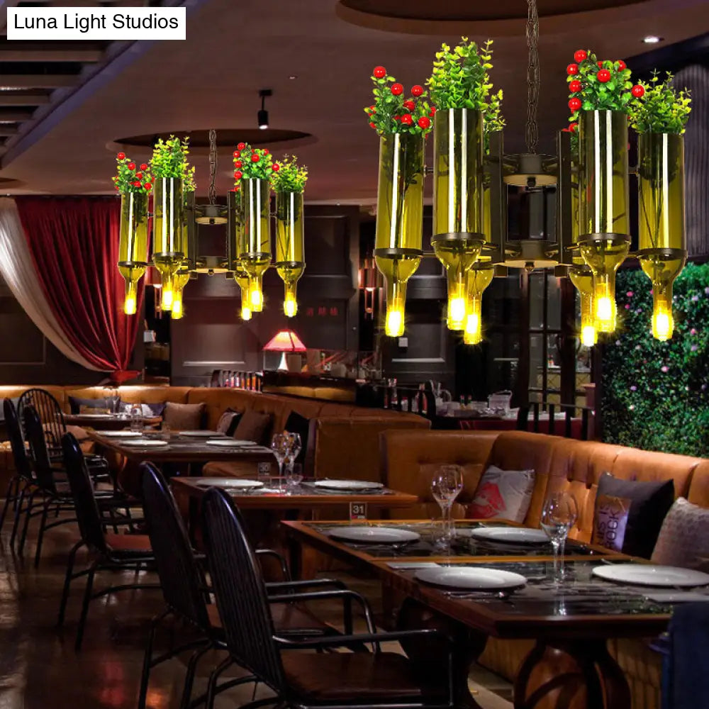 Green Metal 6-Head Industrial Chandelier Pendant Light with Plant Design