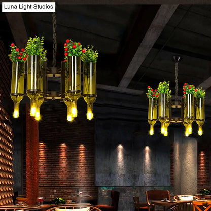Green Metal 6-Head Industrial Chandelier Pendant Light with Plant Design