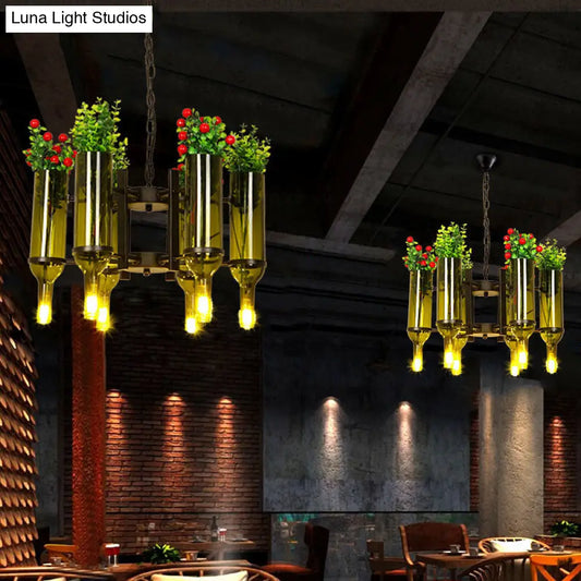 Green Metal 6-Head Industrial Chandelier Pendant Light with Plant Design