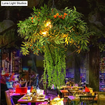 Green Metal LED Chandelier with 3 Bulbs - Industrial Suspension Lighting