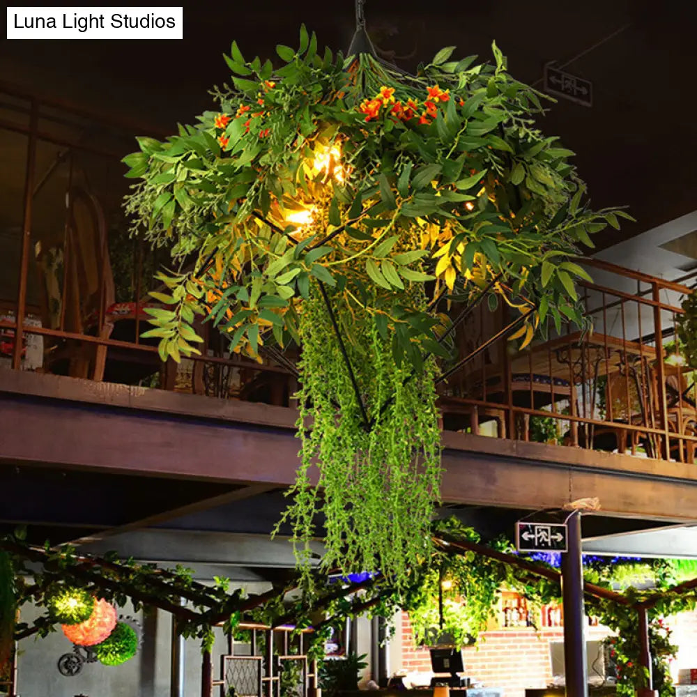 Green Metal LED Chandelier with 3 Bulbs - Industrial Suspension Lighting