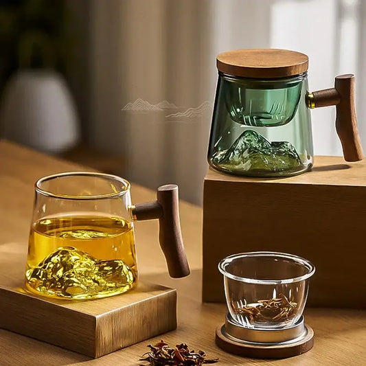 Green glass tea cup set with wooden lid and handle featuring mountain-shaped interior decorbites glass tea design