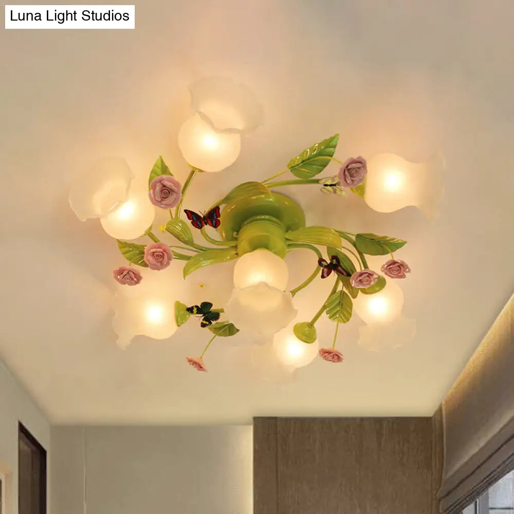 Green Opaque Glass Spiral Bedroom Ceiling Light Fixture - Semi-Flush Mount (4/7 Bulbs) - Traditional Design