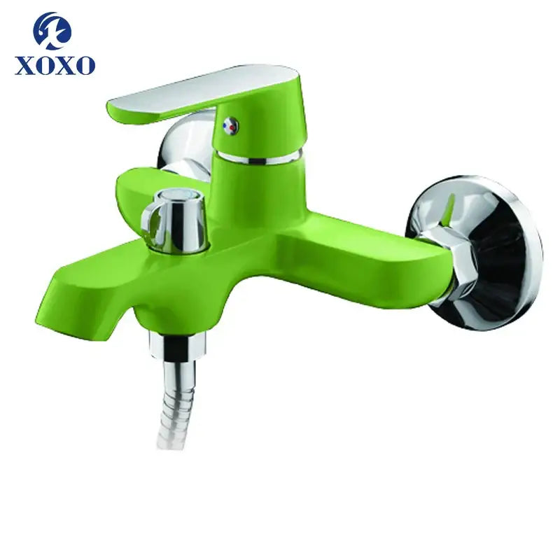 Vibrant lime green xoxo wall-mounted shower faucet set with chrome accents and flexible hose for bathroom use