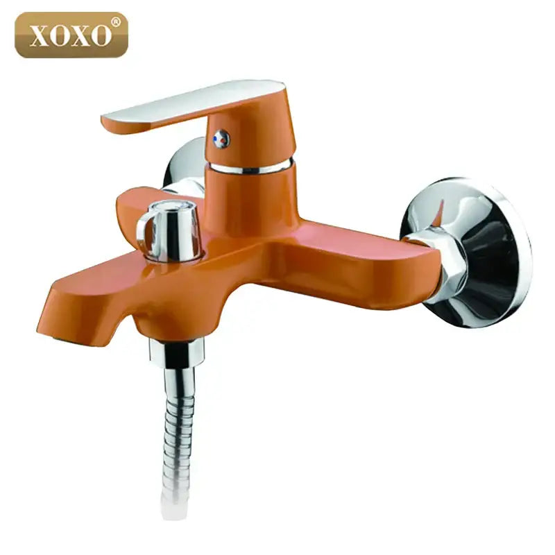 Orange xoxo wall-mounted shower faucet set with chrome accents and flexible hose for bathroom handheld use