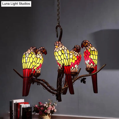 Green Parrot Chandelier - 5-Light Cut Glass Suspension Lamp for Living Room
