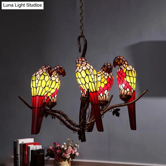 Green Parrot Chandelier - 5-Light Cut Glass Suspension Lamp for Living Room