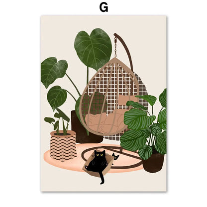 Green Plants Black Cat Canvas Wall Art - G / 40X50cm No Framed - Posters