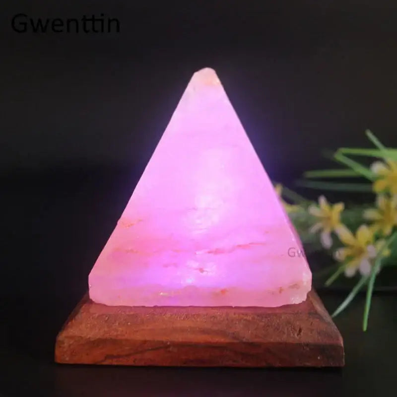 Pink himalayan salt pyramid lamp with warm glow on wooden base for decorbites crystal usb salt night light bedroom decor